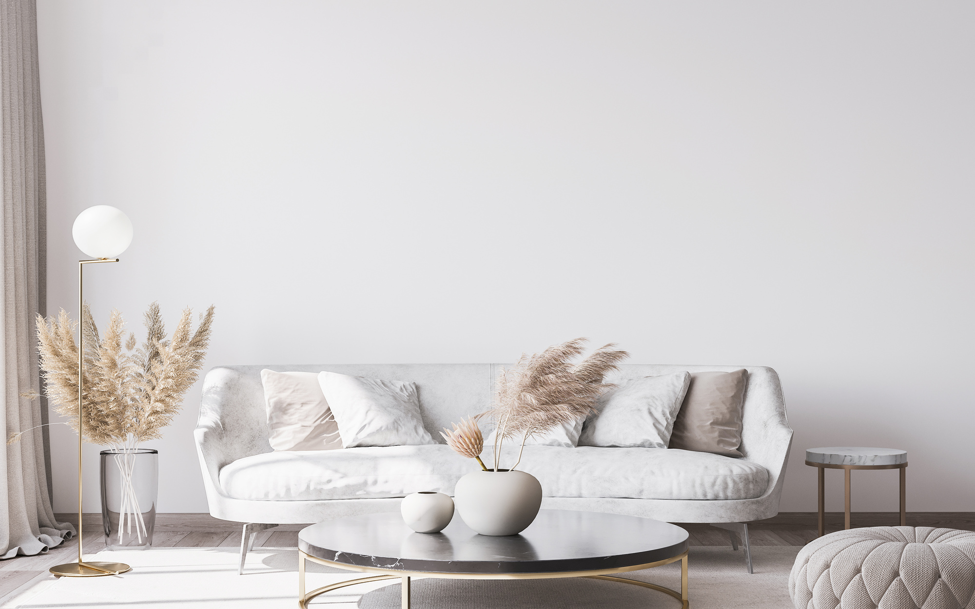 Stylish white modern living room interior, wall mockup, home decor